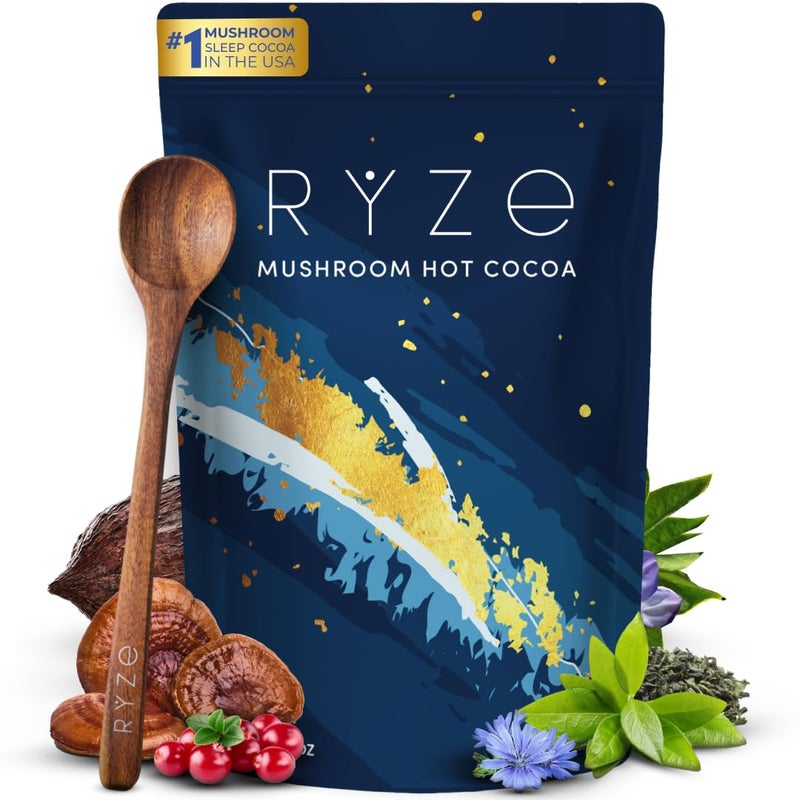 RYZE SUPERFOODS Mushroom Hot Cocoa Melatonin Sleep Supplement, Keto Cocoa Powder with Reishi Mushroom, Melatonin, Glycine, Cacao, L-Theanine, Chicory to Help Fall Asleep and Stay Asleep, 20 Servings - Image 1